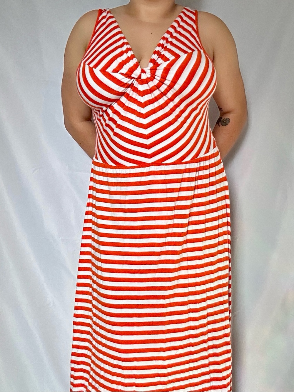 Spense Orange and White Striped Twist-Front Maxi Dress